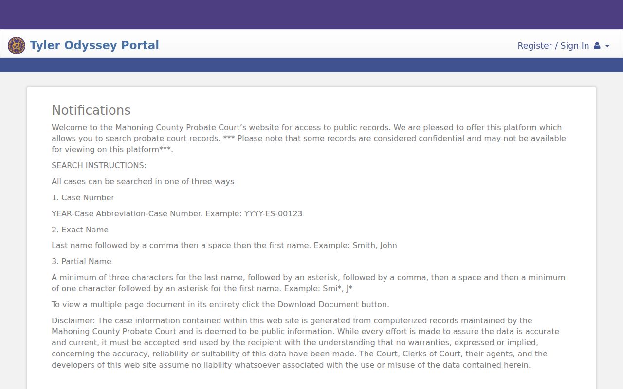 Boardman Township resident lookup Mahoning Probate case search portal