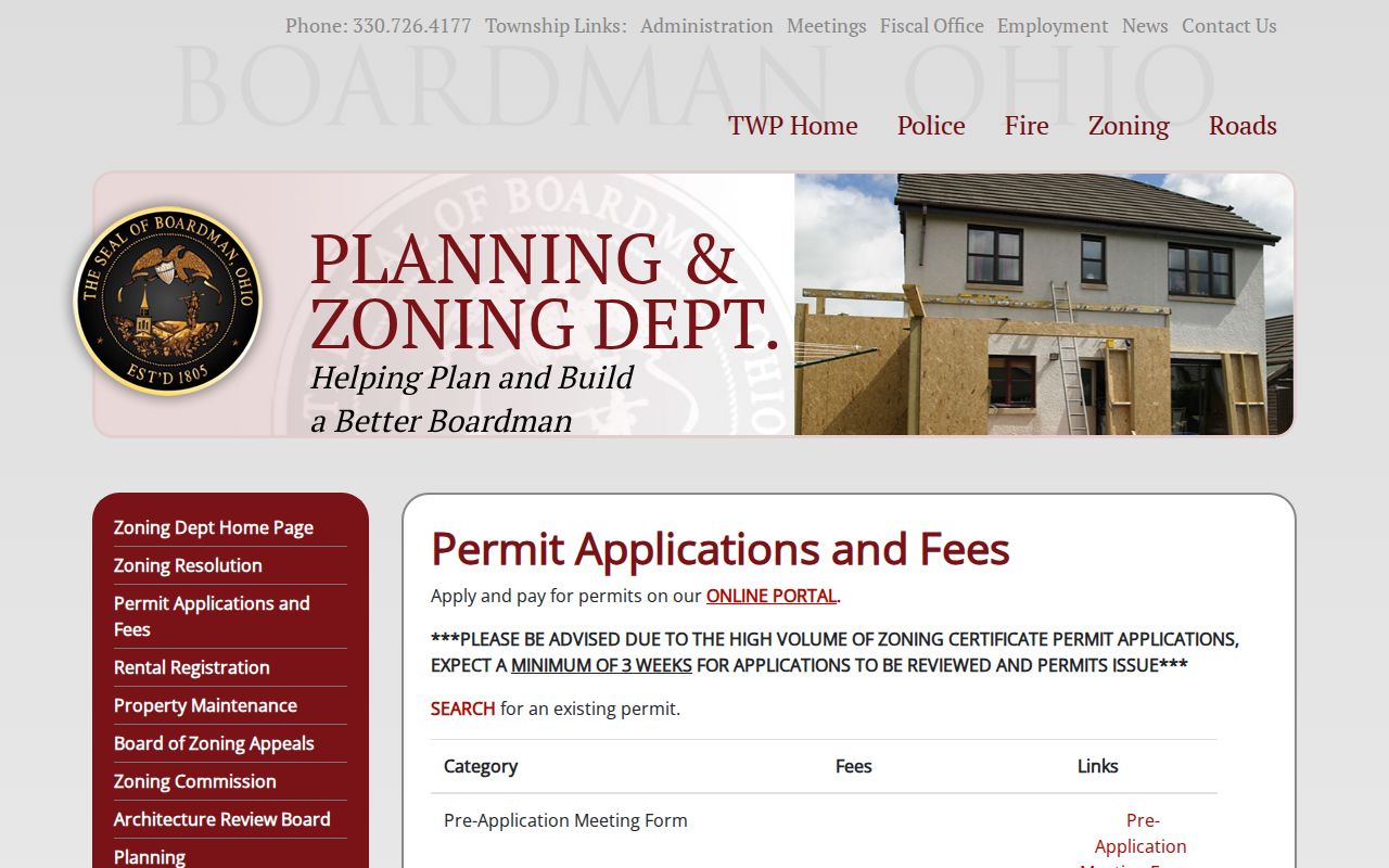 Boardman Township street directory permit applications and fees page
